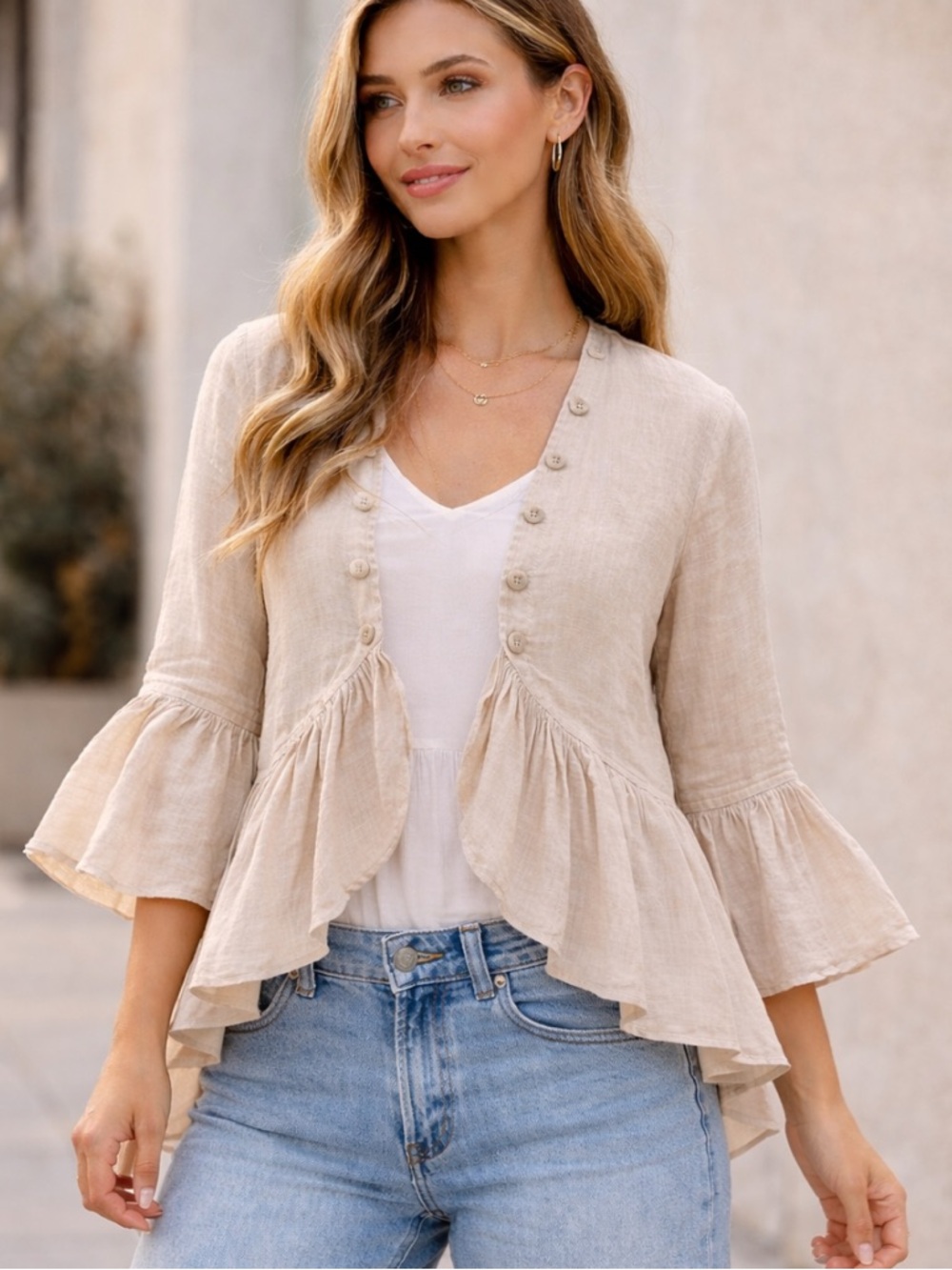 Bella Amore Made in Italy Linen-Look Ruffle Cardigan Boho Peplum Beige